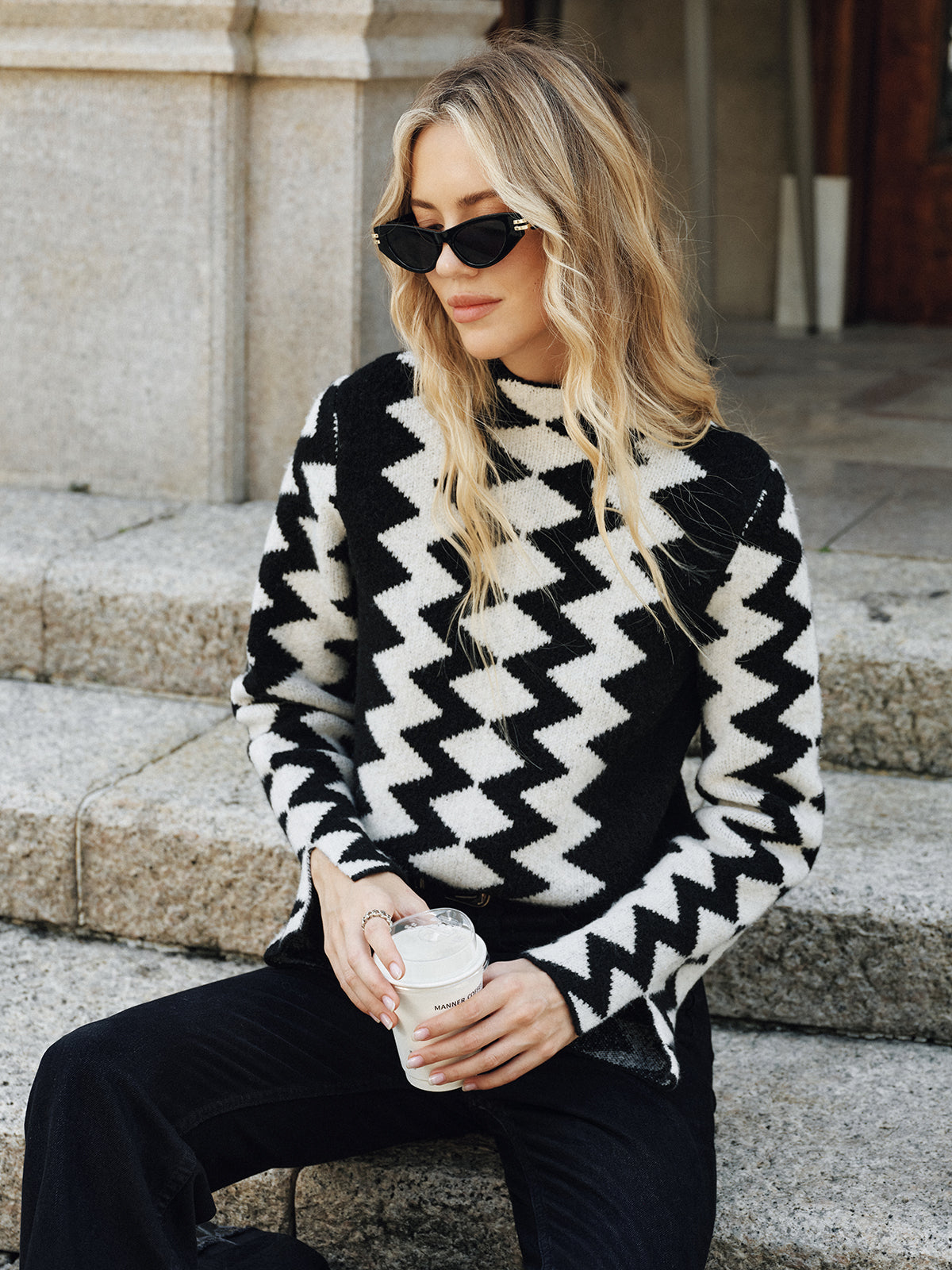 Chevron Pattern Mock Neck Knit Sweater