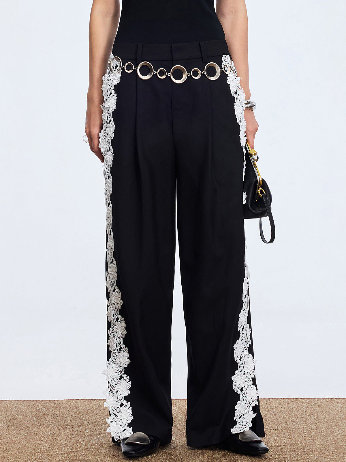 Lace Side Panel Wide-Leg Pants
