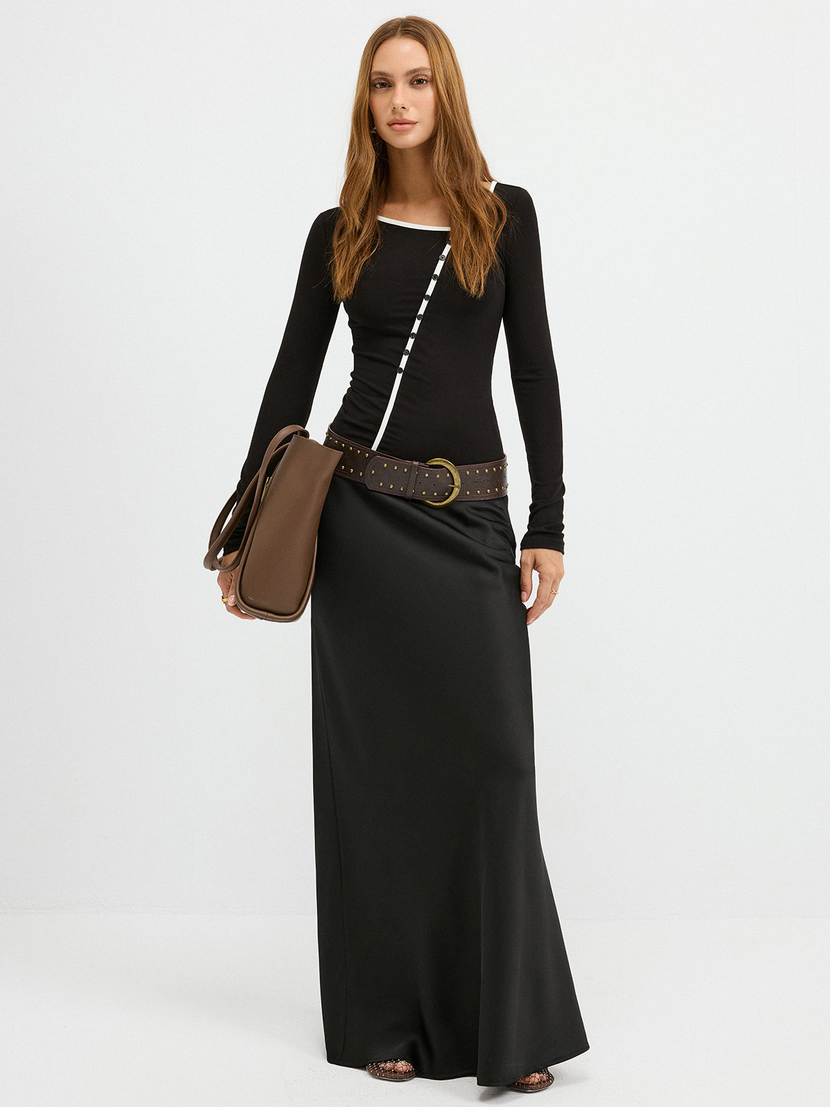 Contrast Trim Decor Button Asymmetric Collar Top