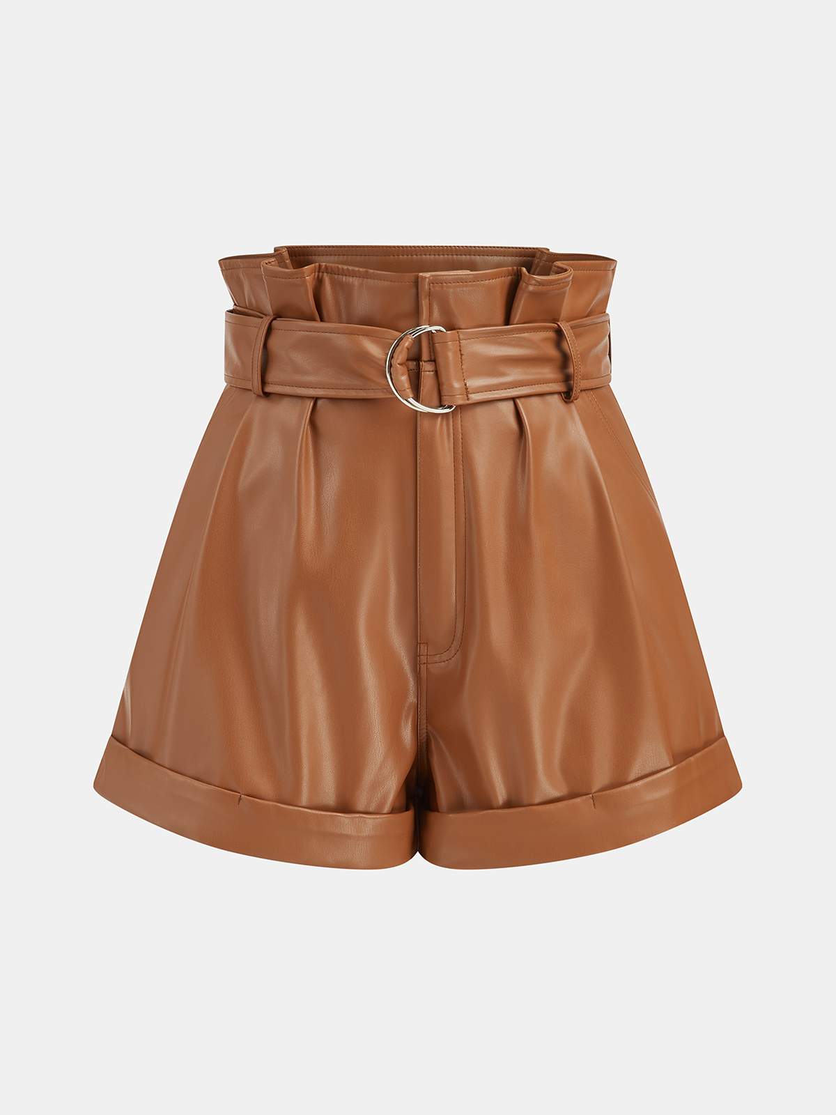 High-Waist PU Leather Cuffed Shorts with Belt