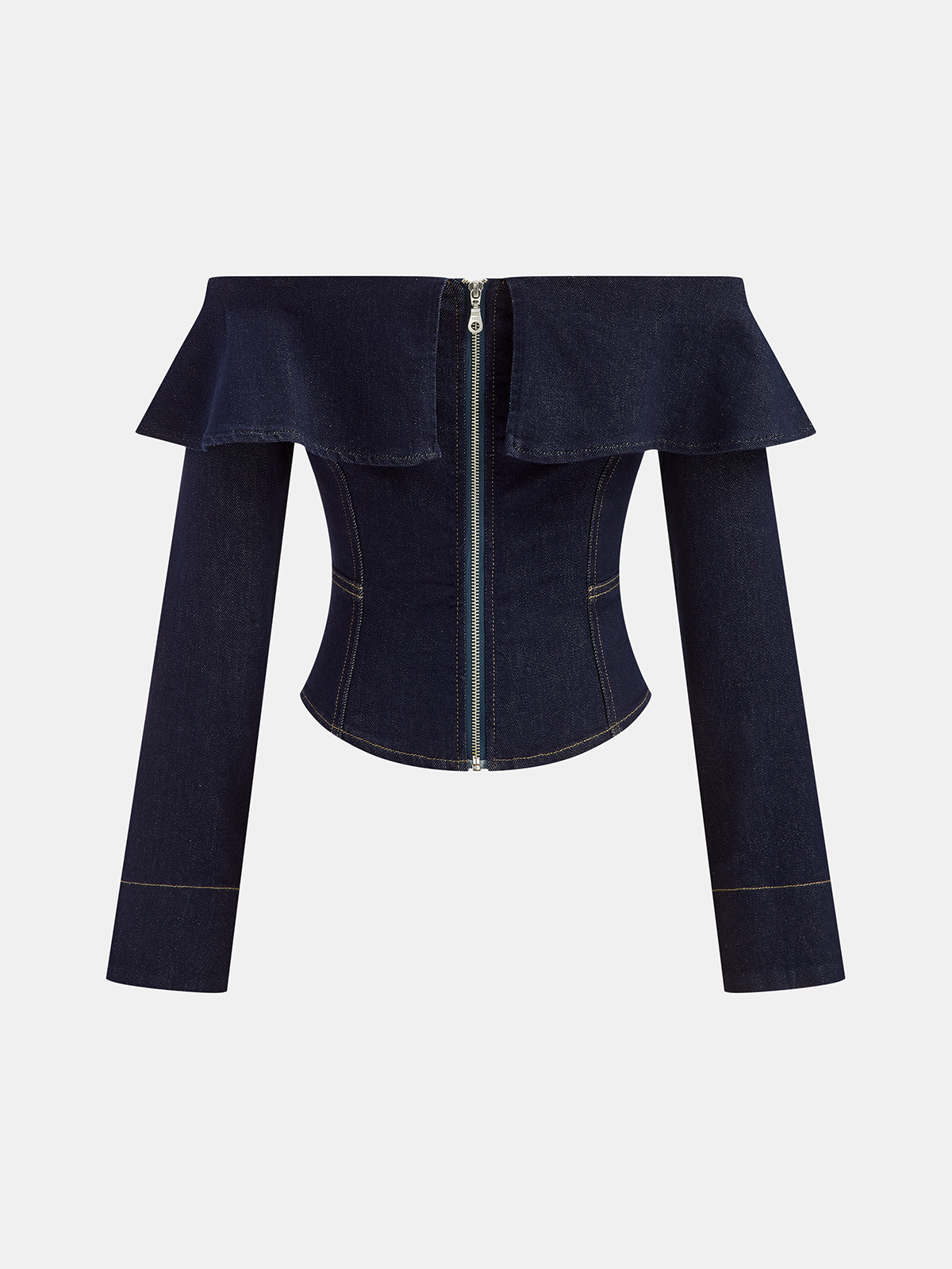 Carmen-Denim-Top mit Rüschenkragen
