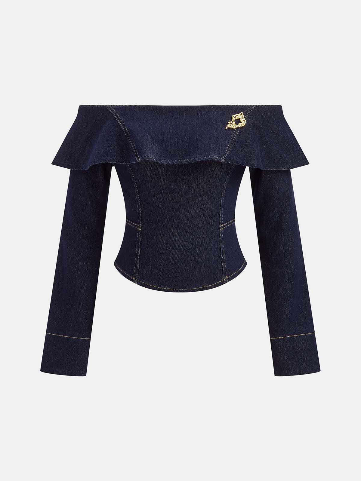 Carmen-Denim-Top mit Rüschenkragen