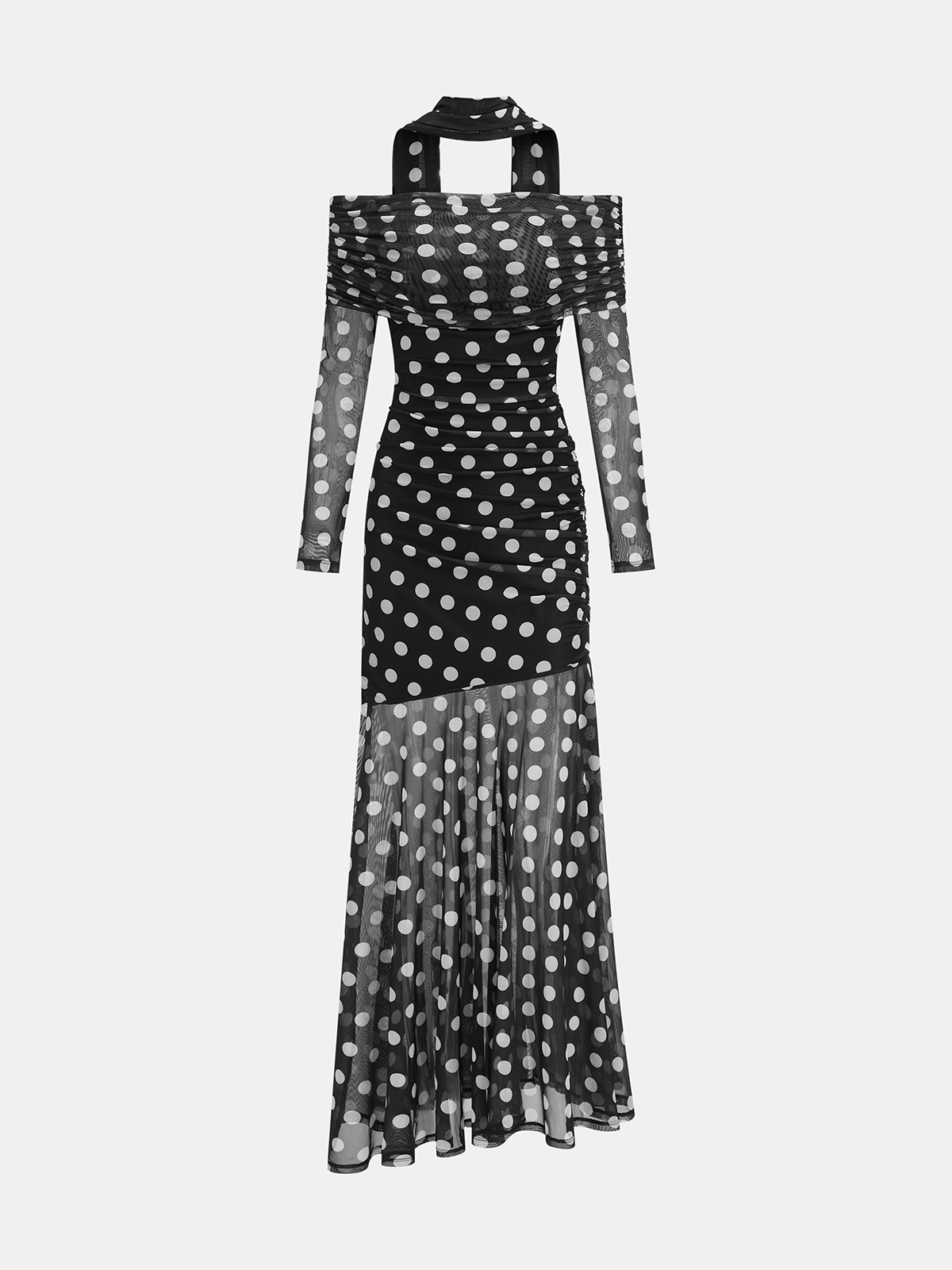 Maxikleid aus Mesh mit Blumenmuster, schulterfrei, mit Schal-Details 