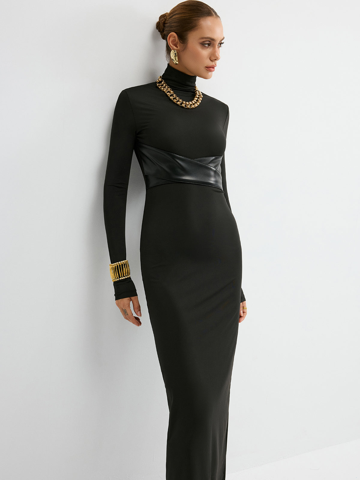 Turtleneck Faux Leather Paneled Maxi Dress