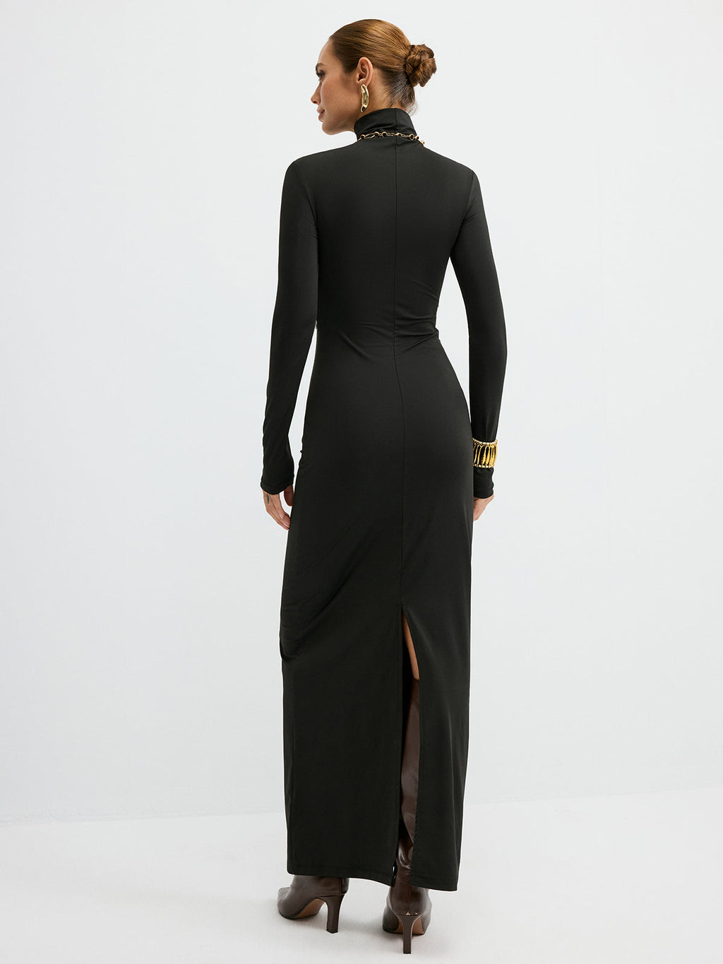 Maxikleid mit Rollkragen und Kunstleder-Einsätzen