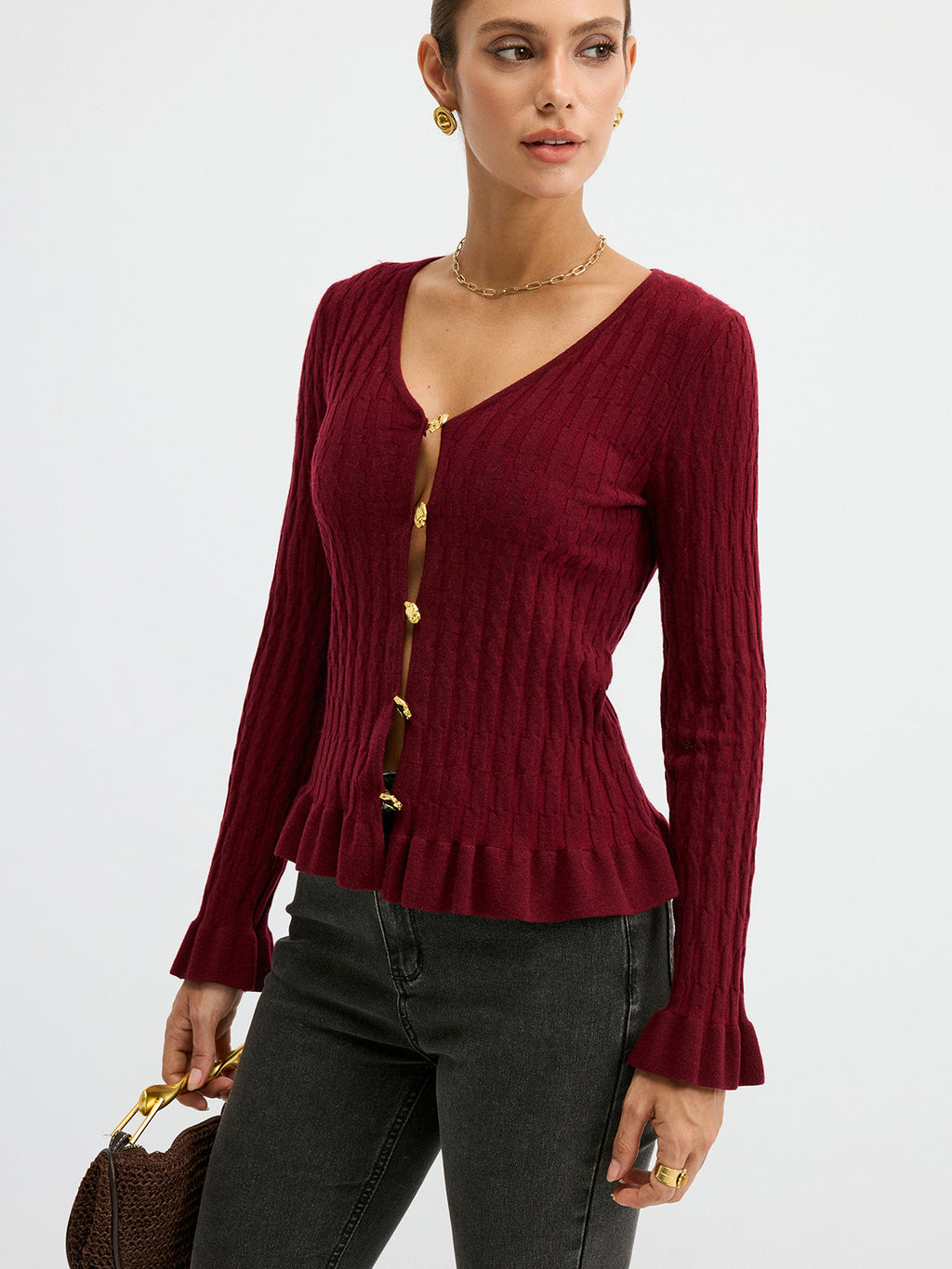 Metal Button Textured Fitted Wool Blend Knit Top