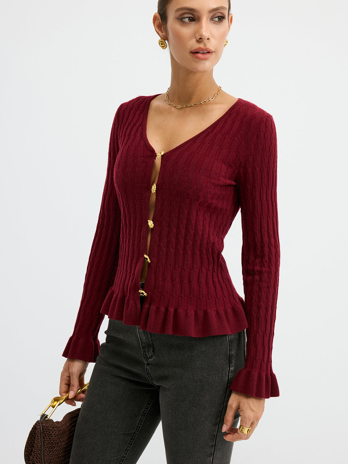 Metal Button Textured Fitted Wool Blend Knit Top