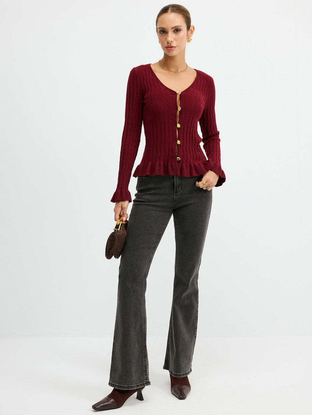 Metal Button Textured Fitted Wool Blend Knit Top