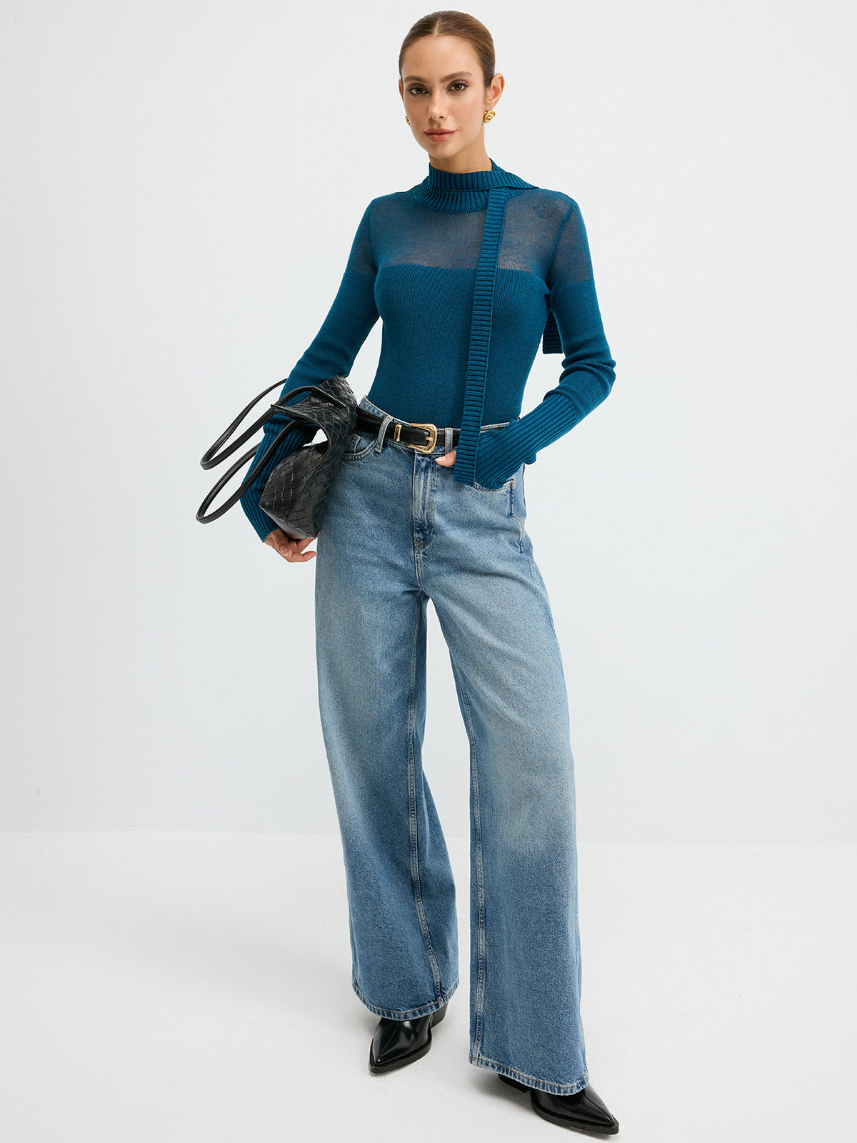 Sheer Panel Tie Neck Wool Blend Knit Top