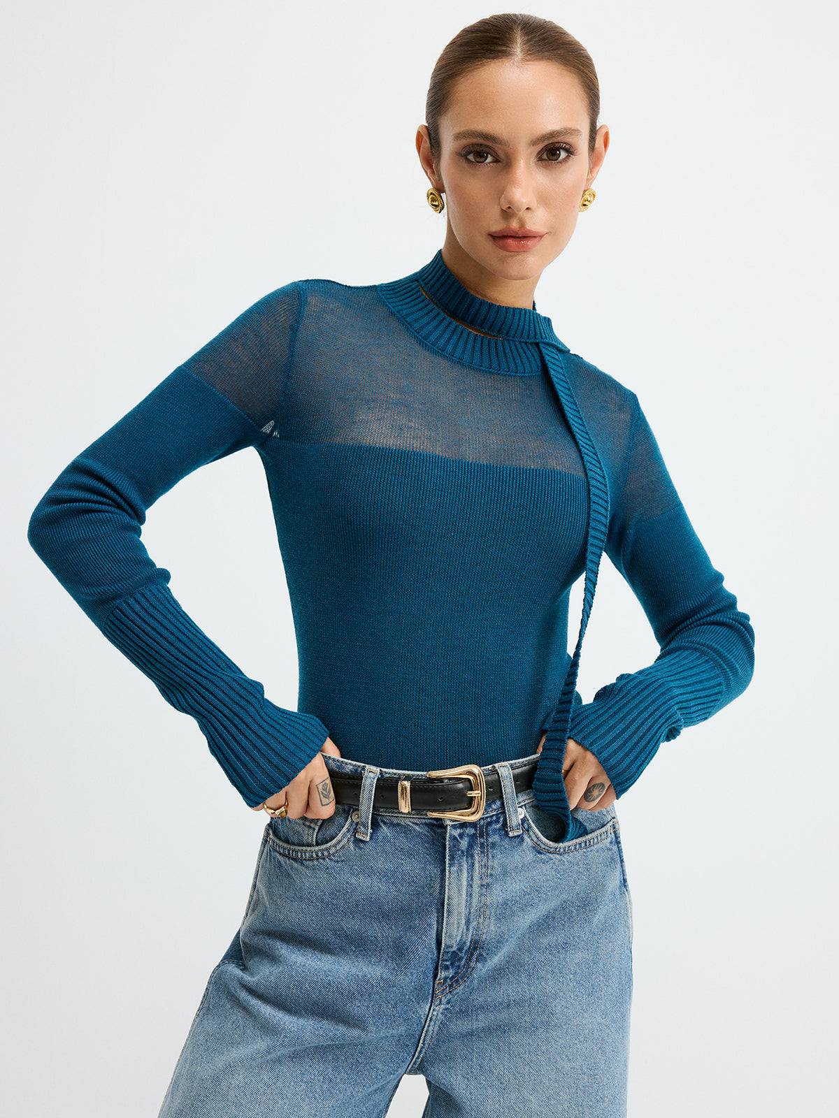 Sheer Panel Tie Neck Wool Blend Knit Top