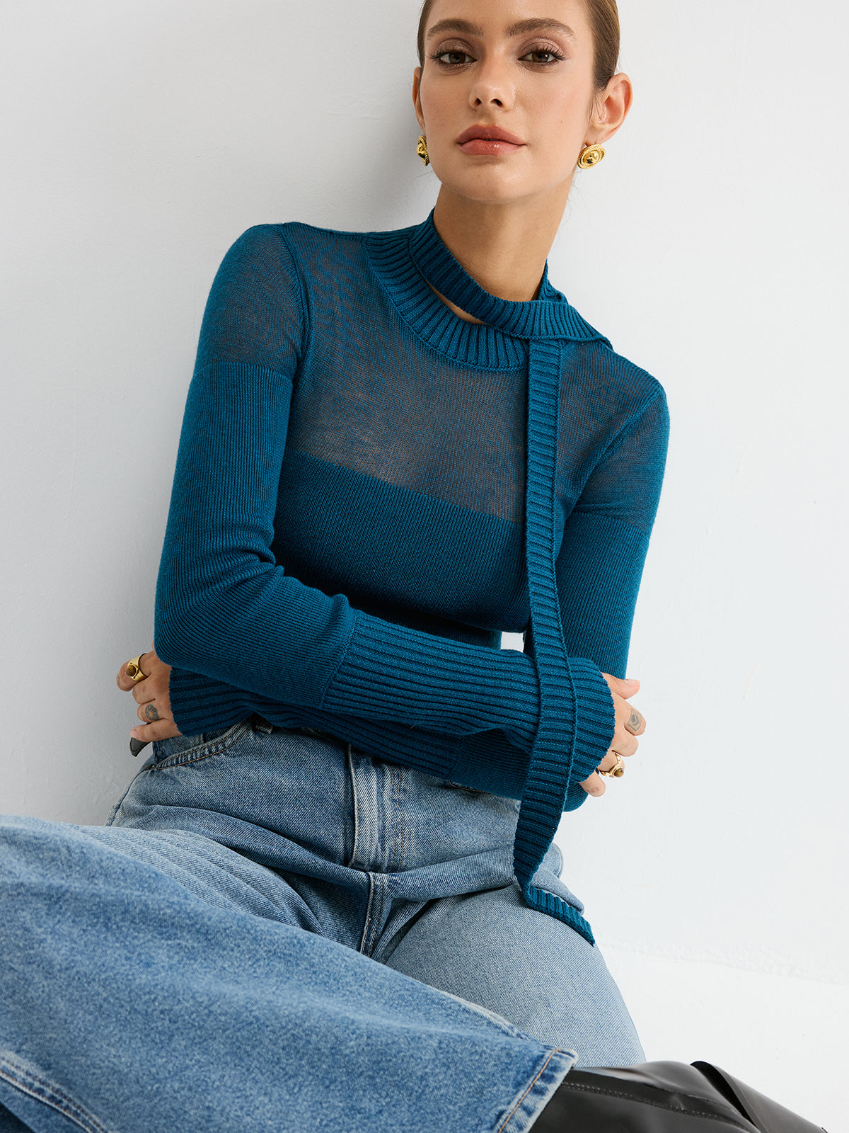 Sheer Panel Tie Neck Wool Blend Knit Top