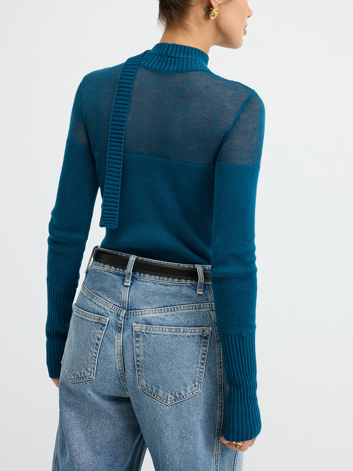 Sheer Panel Tie Neck Wool Blend Knit Top