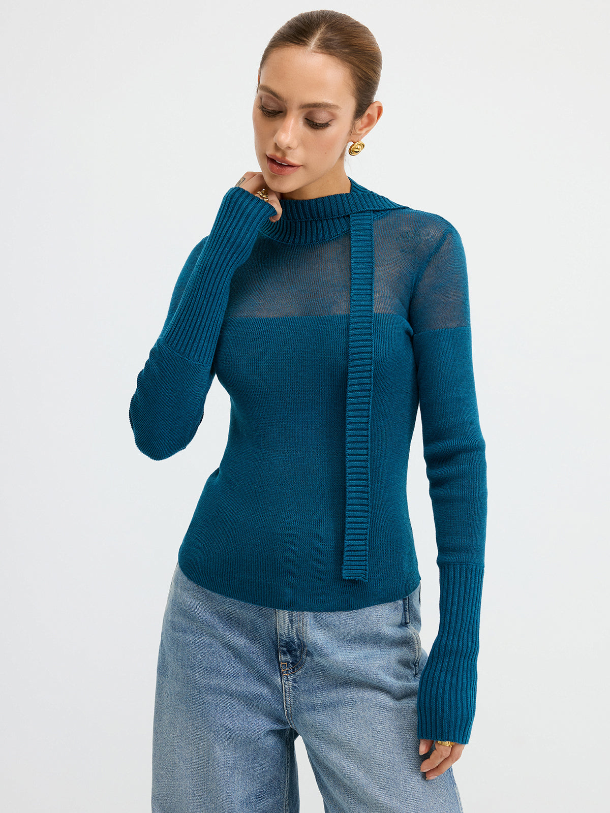 Stricktop aus Wollmischung mit transparentem Einsatz und Bindekragen