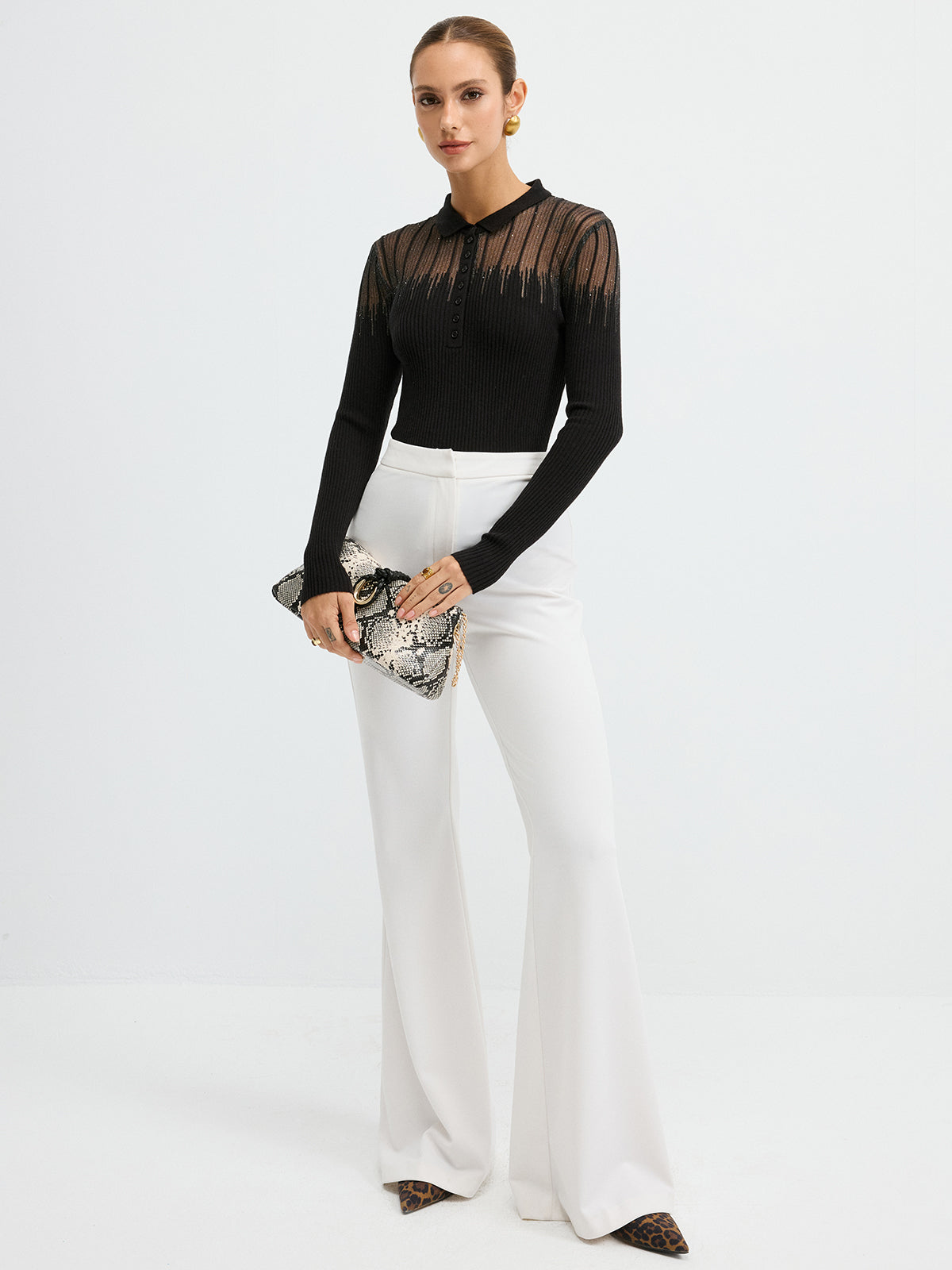 Glitter Detail Sheer Panel  Polo Knit Top