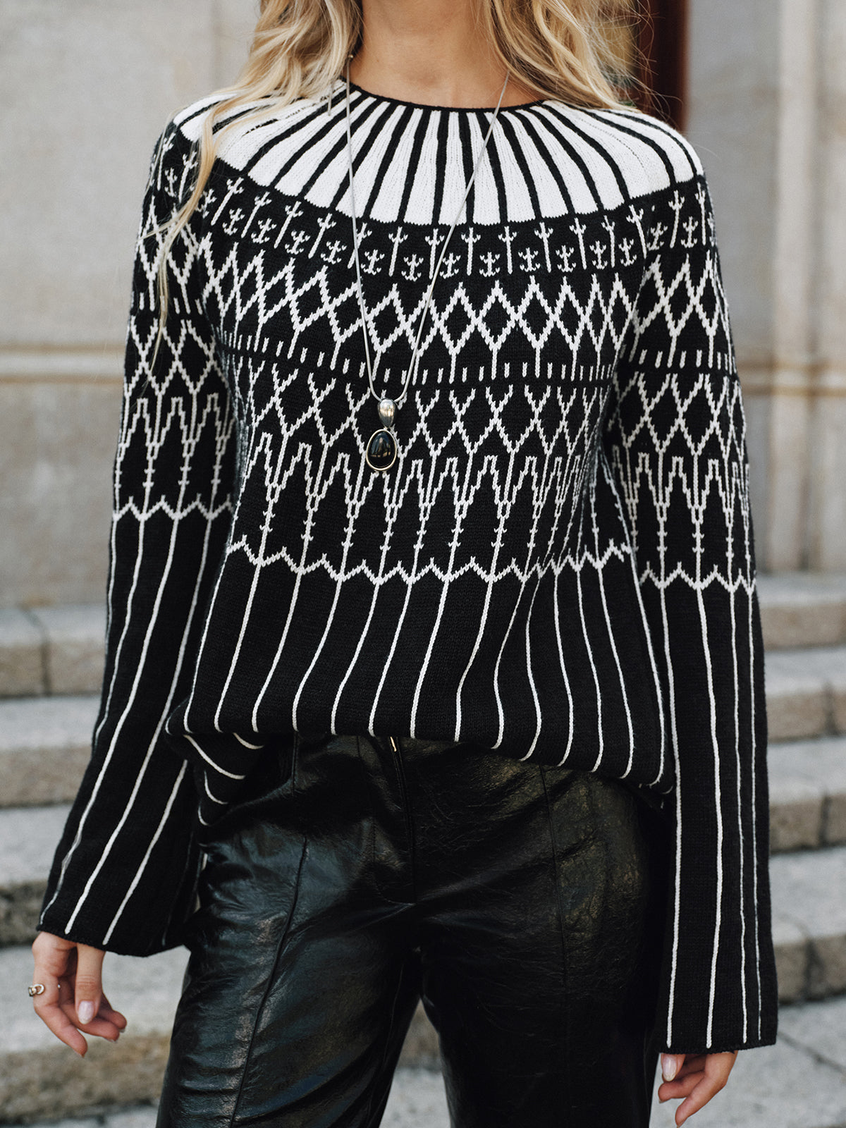 Fair Isle Pattern Bell Sleeve Sweater