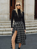 Jupe midi asymétrique à carreaux avec fente haute