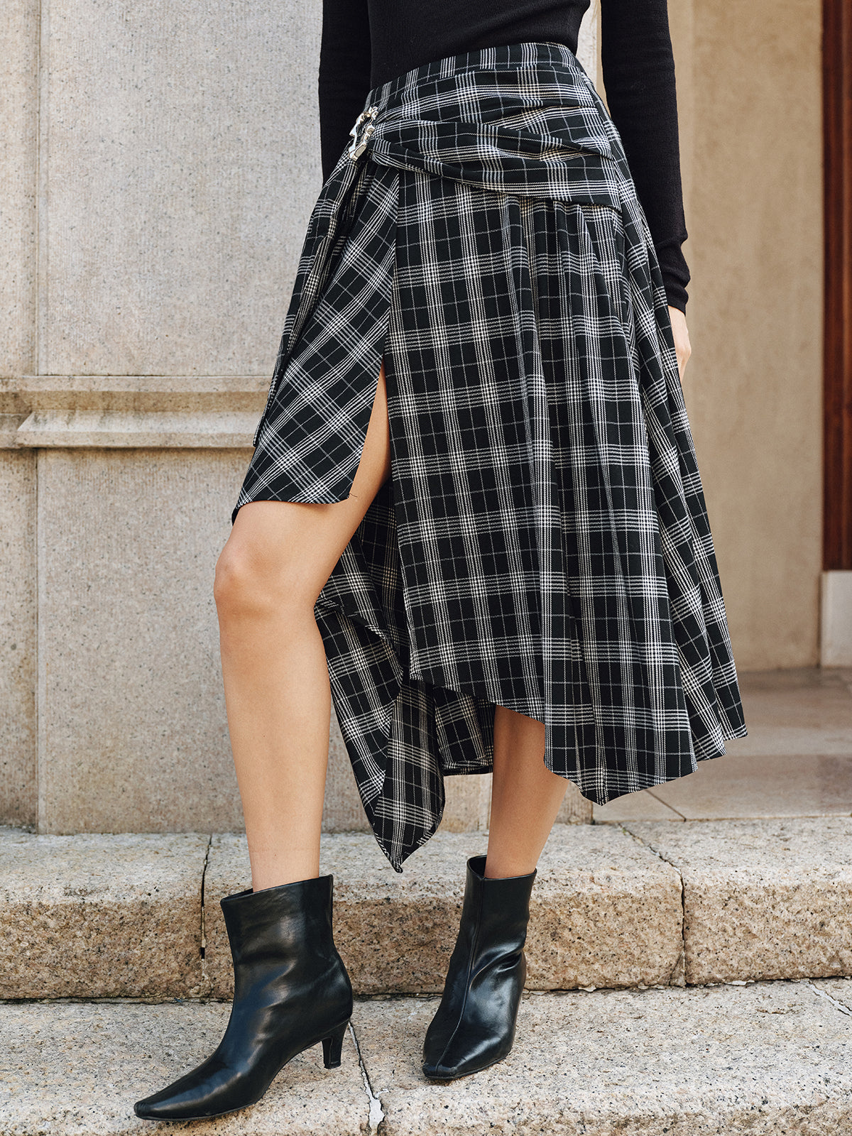 Plaid Asymmetric High-Slit Midi Skirt
