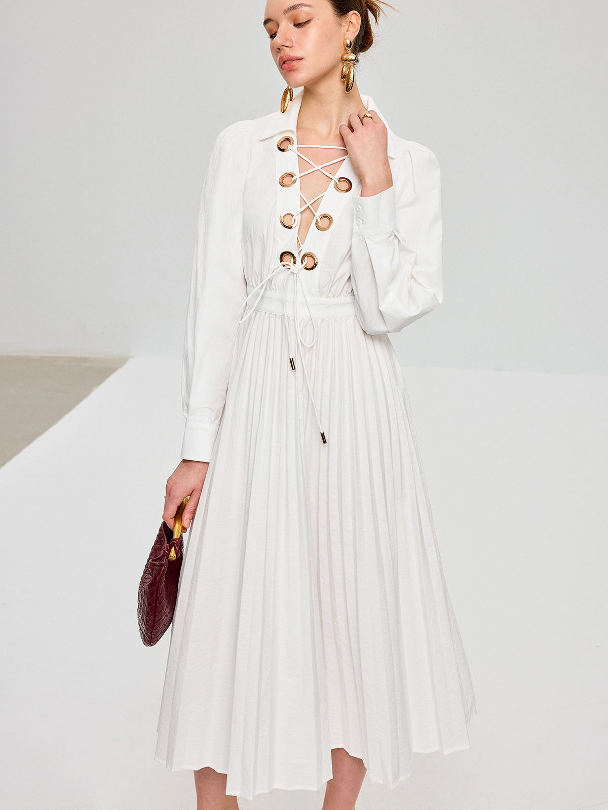 Lace-Up Pleated Midi Dress