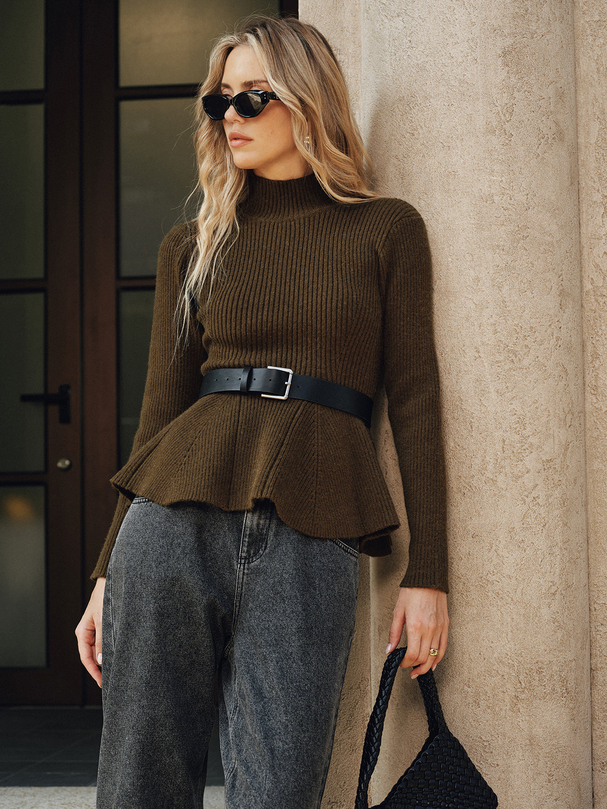 Belted Peplum Turtleneck Knit Top