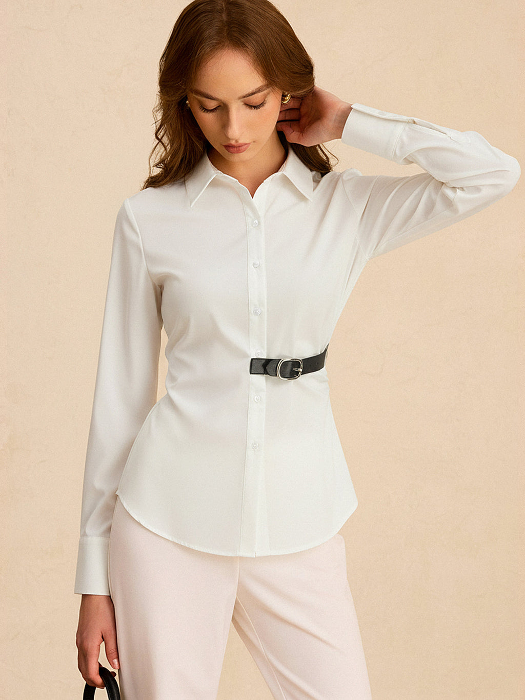Long Sleeve Half Belt Button-Down Shirt