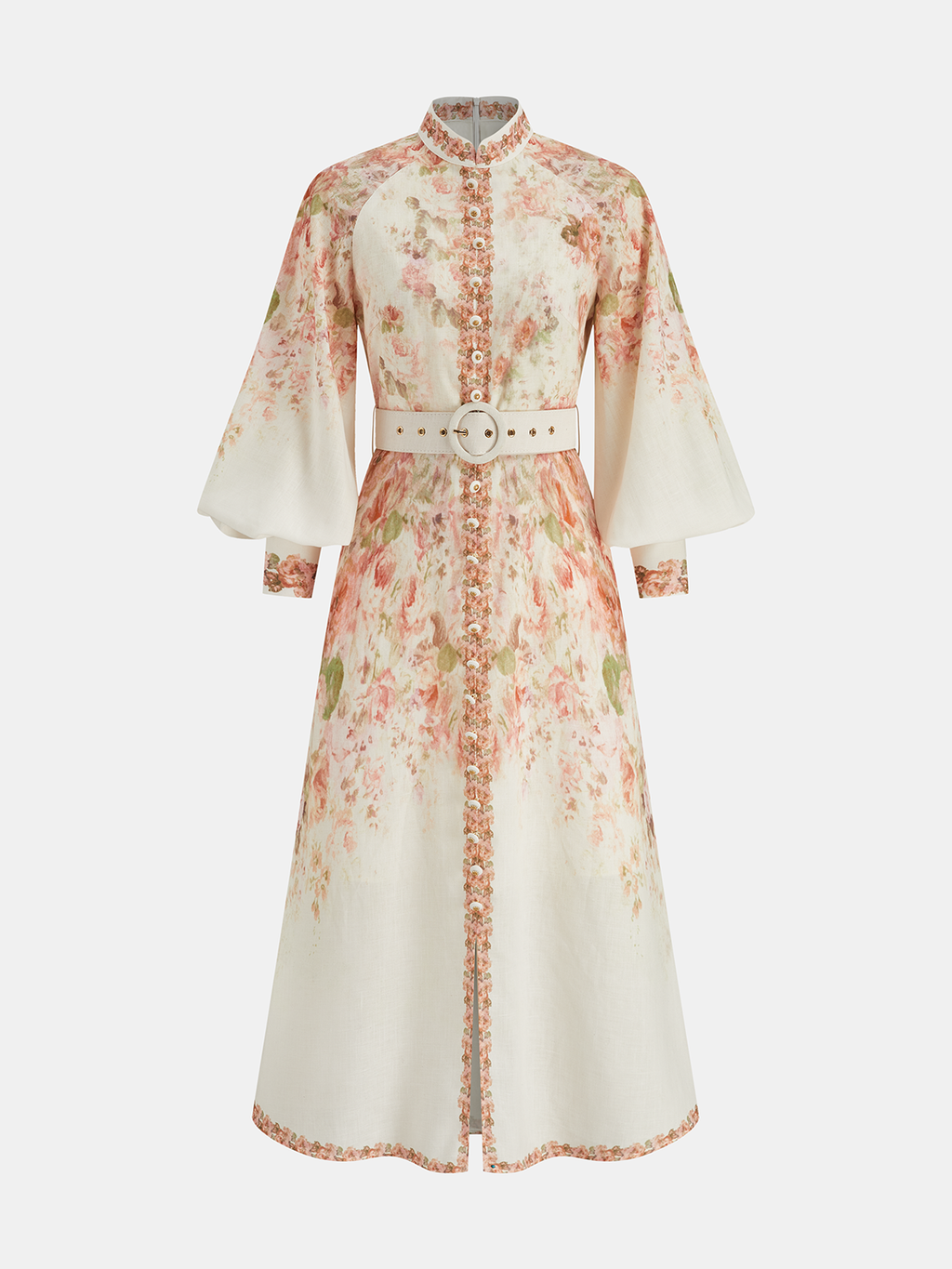 Leg-Of-Mutton Sleeve Floral Print Belted Maxi Dress
