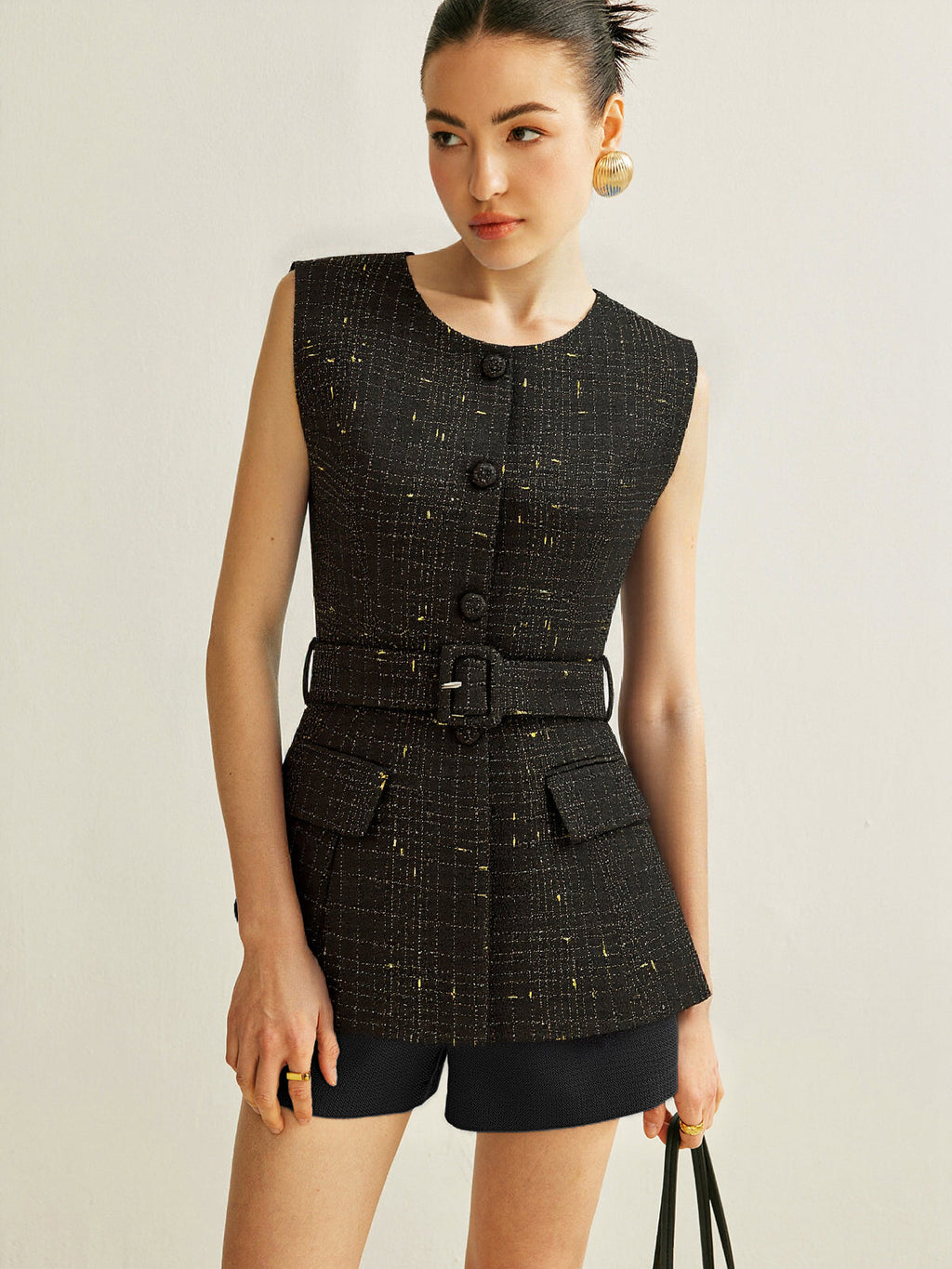 Gilet sans manches ceinturé en tweed
