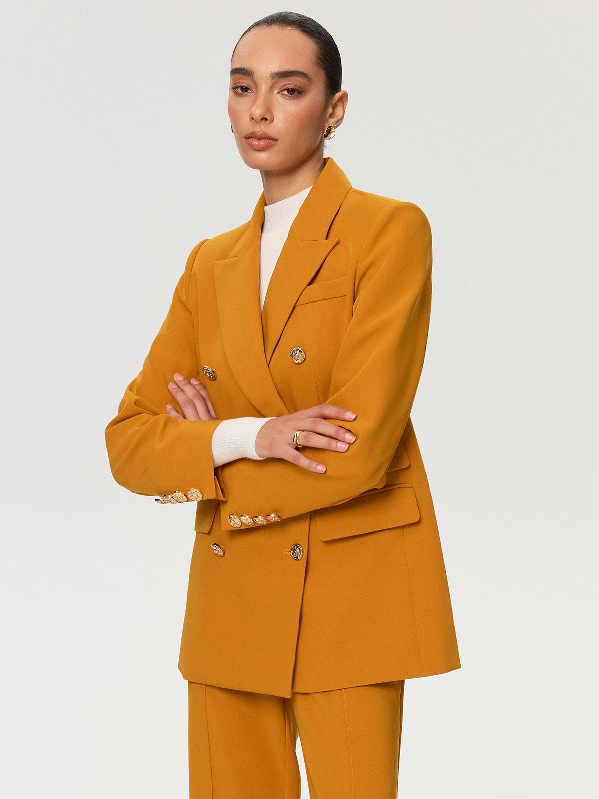 Double-Breasted Metal Button Blazer