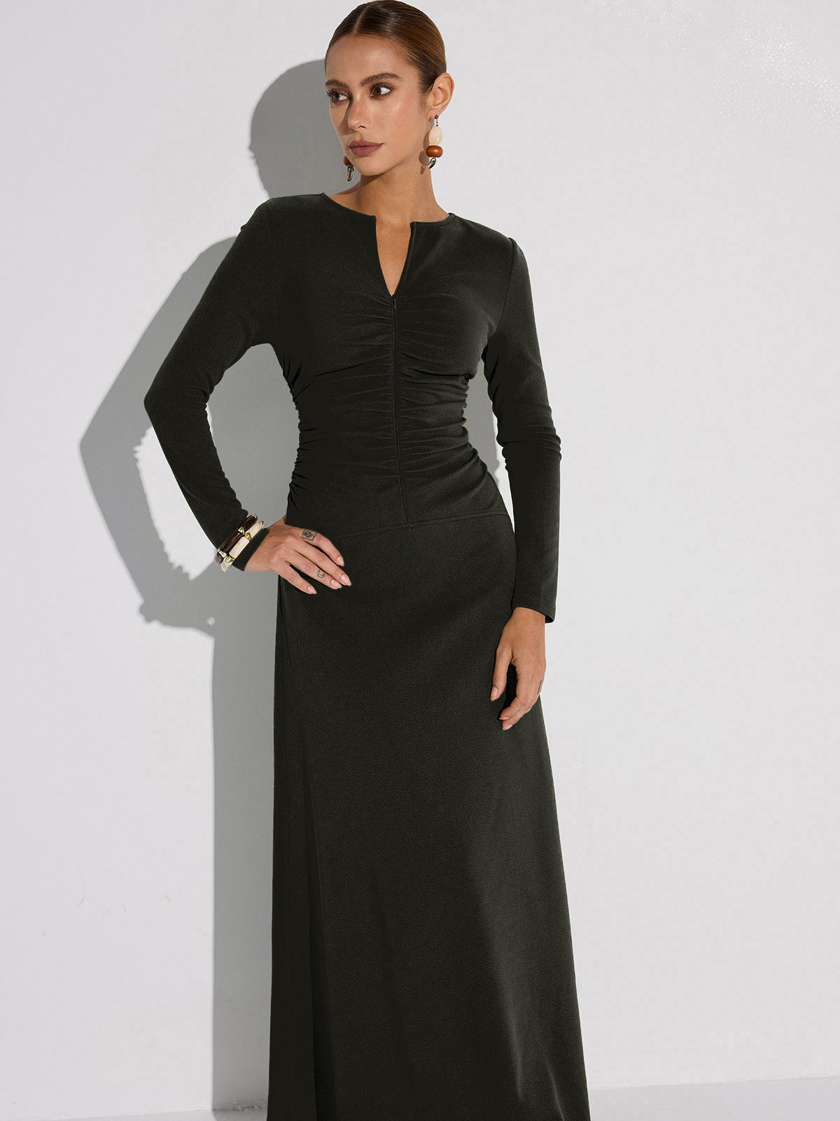 Zipper-Front Ruched Maxi Dress