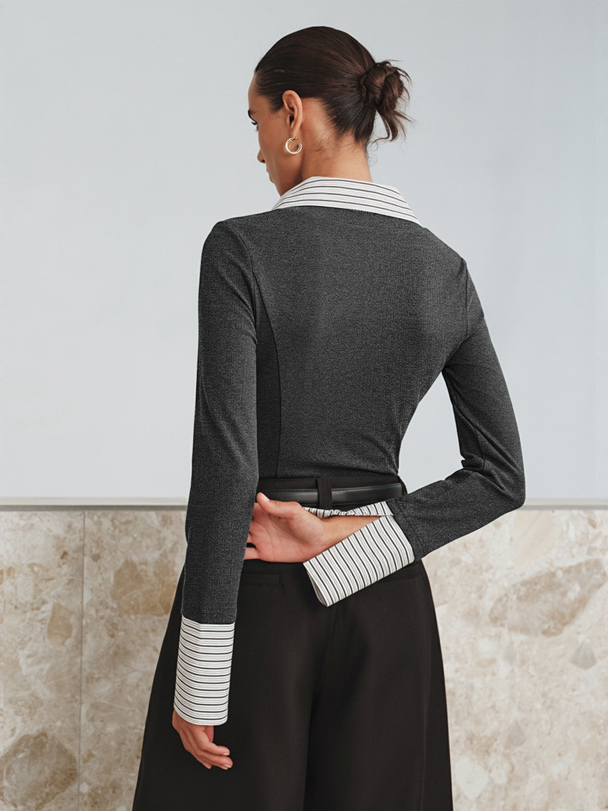 Polo bicolore à manches longues et effet deux-pièces 