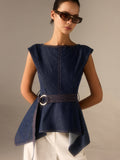 Jeans-Schößchen-Top mit Gürtel und asymmetrischem Saum