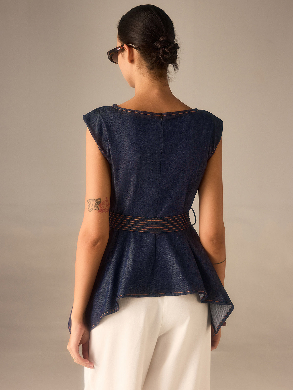 Denim Peplum Belted Top with Asymmetric Hem