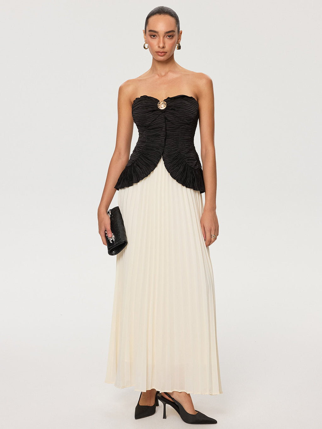 Maxikleid aus Chiffon mit Falten, schulterfrei, Color-Block-Design
