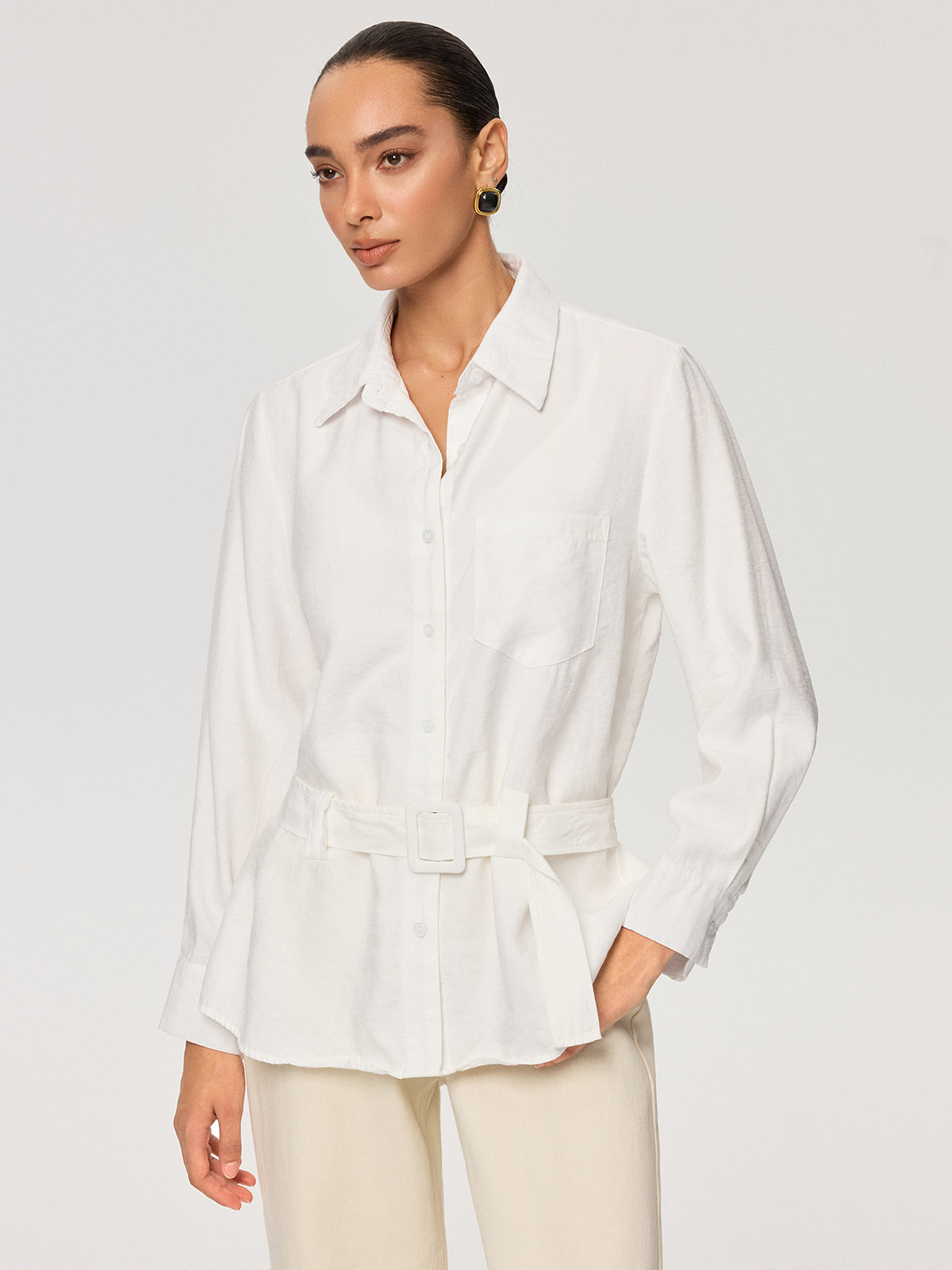 Long Sleeve Belted Cotton Shirt