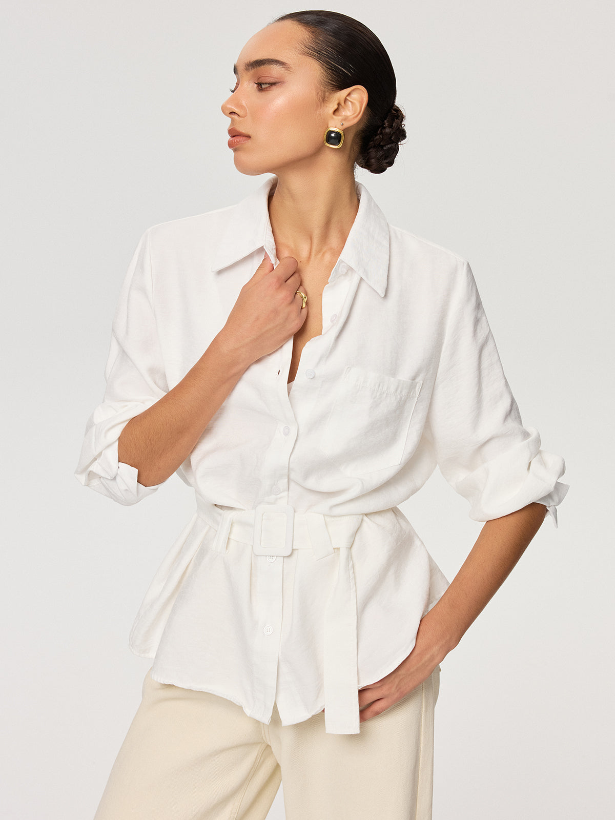 Long Sleeve Belted Cotton Shirt