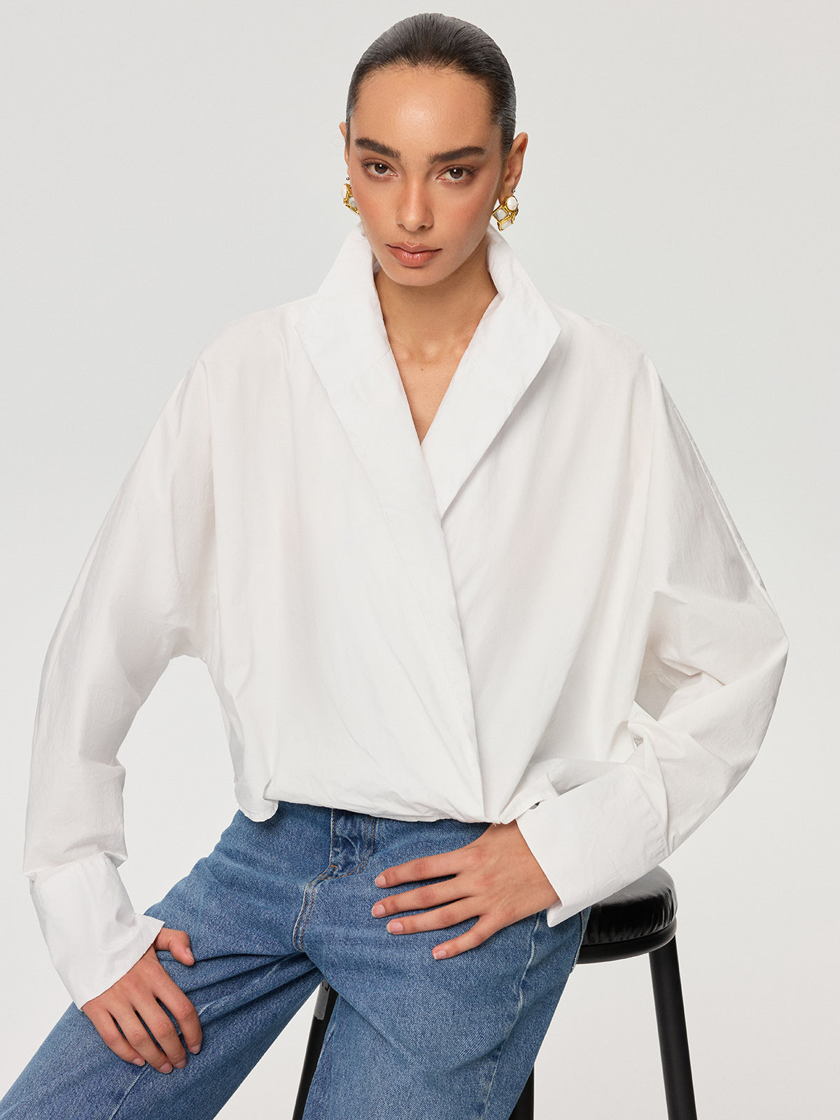 Cropped Stand Collar Cotton Shirt