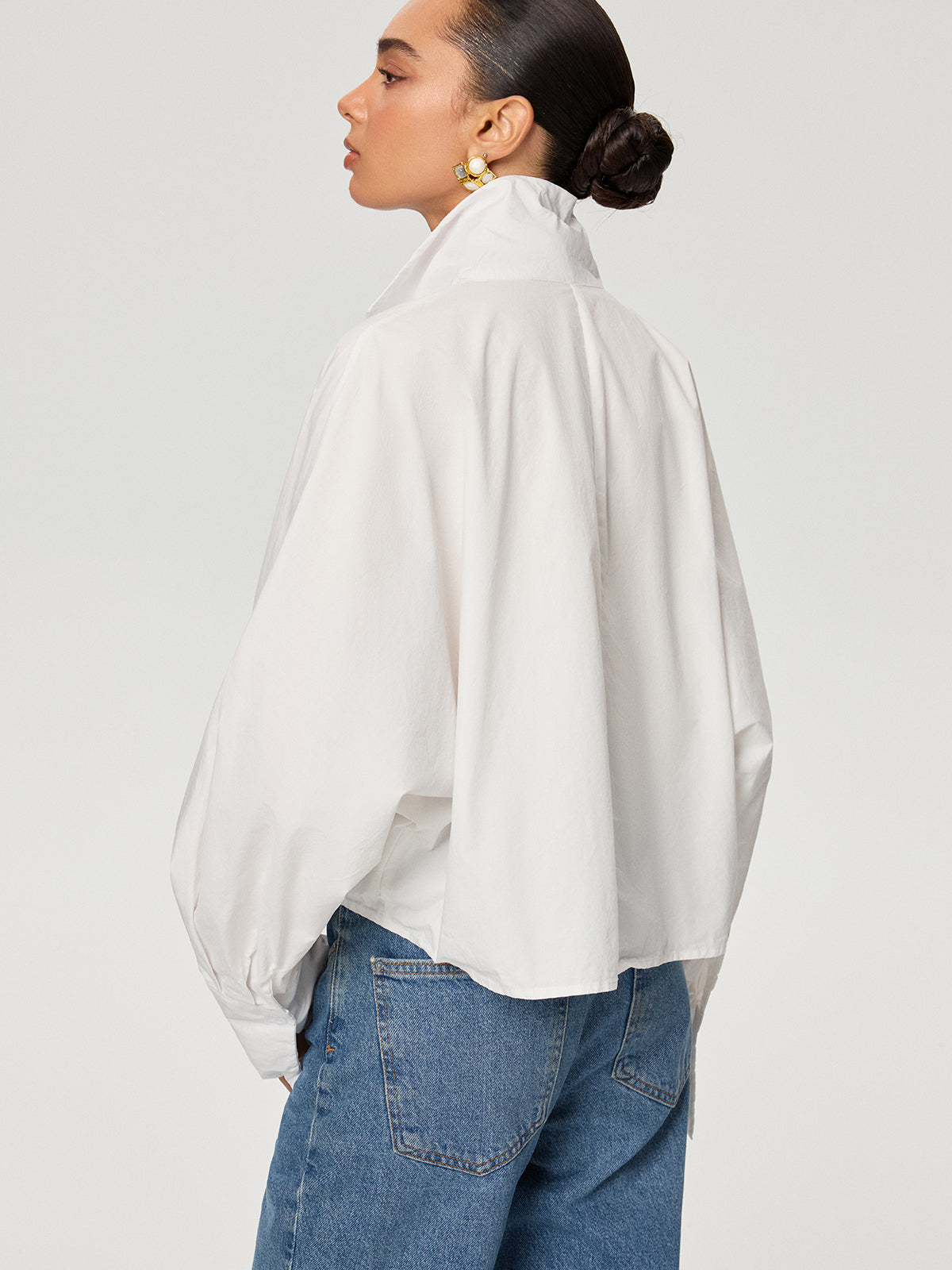 Cropped Stand Collar Cotton Shirt
