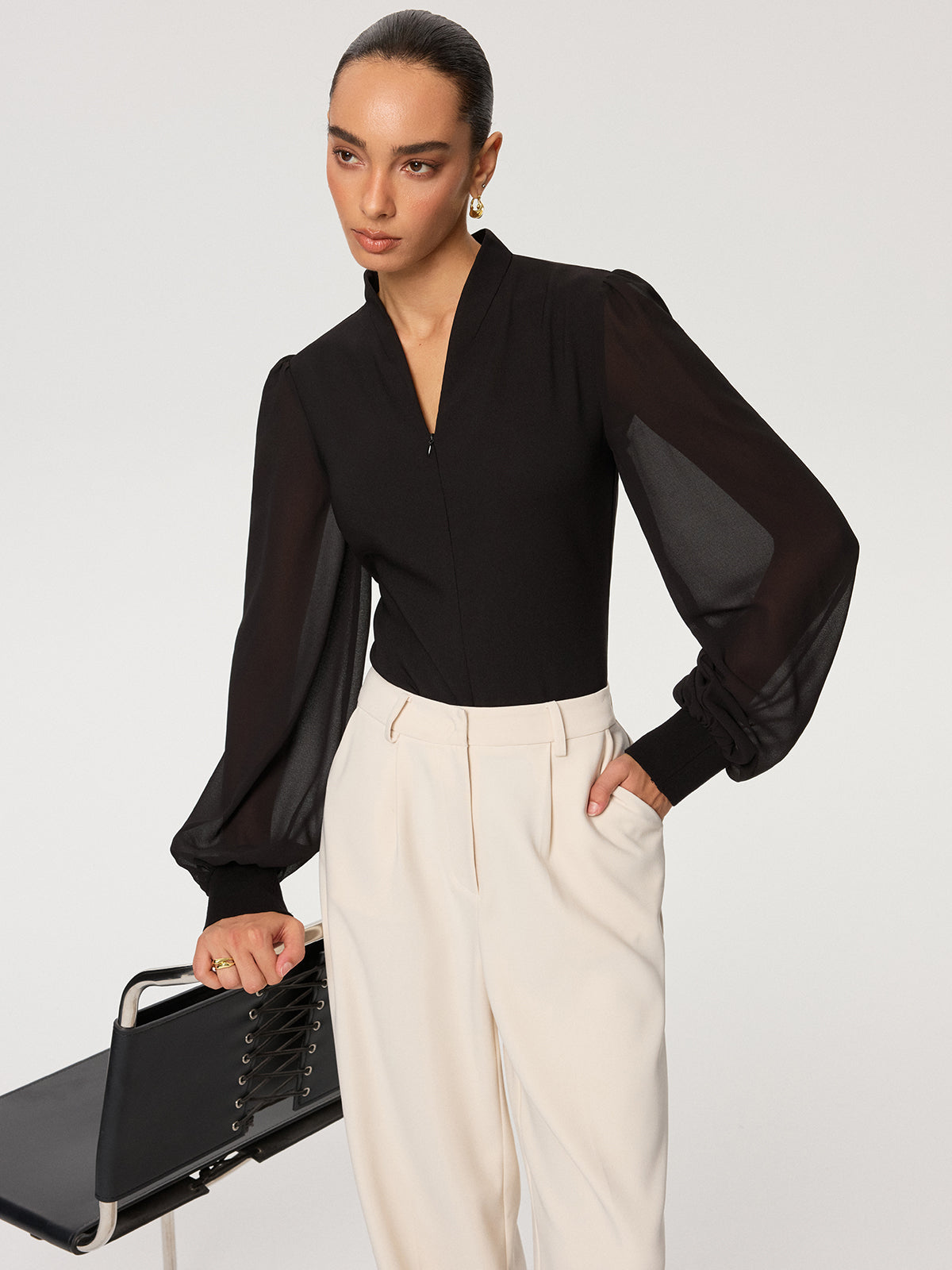 Zip Detail Chiffon Sleeves Blouse