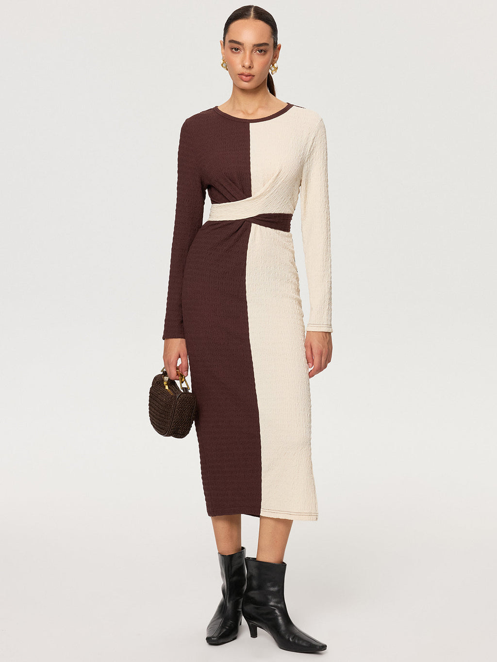 Cross-Tie Textured Color-Block Maxi Dress
