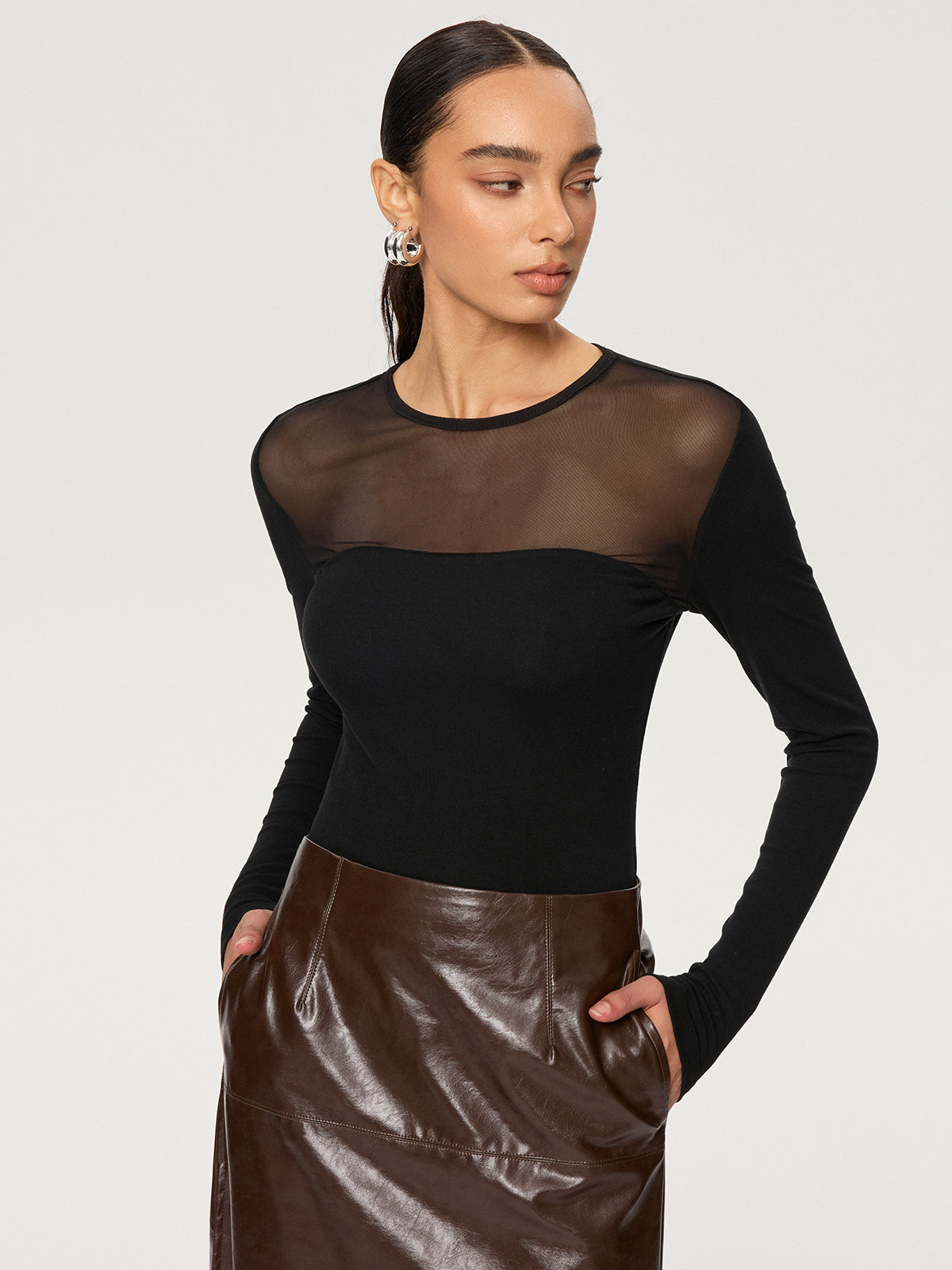 Sheer-Panel Langarm-T-Shirt