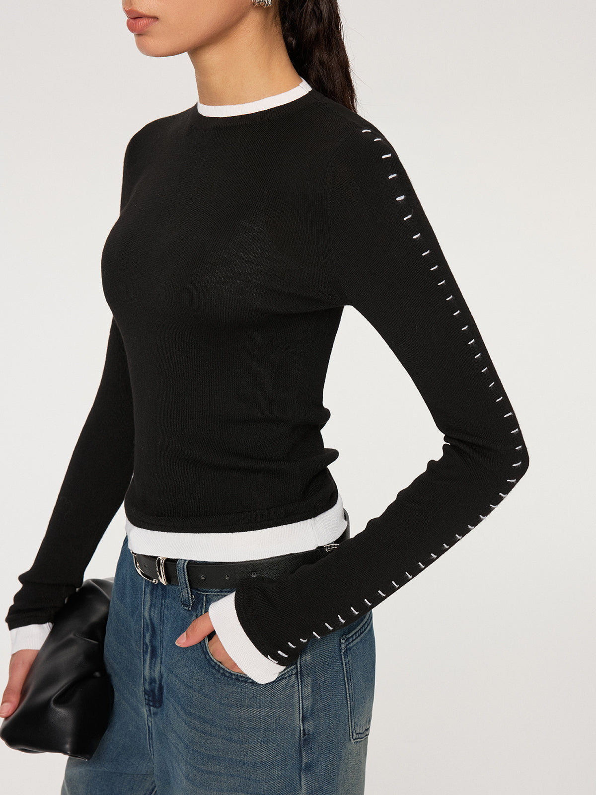 Kontrastnaht-Stricktop aus Wollmischung