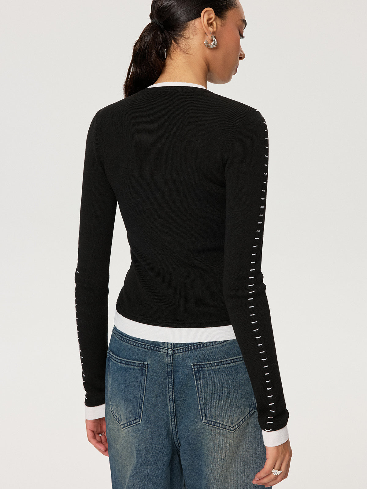 Contrast Stitch Wool-Blend Knit Top