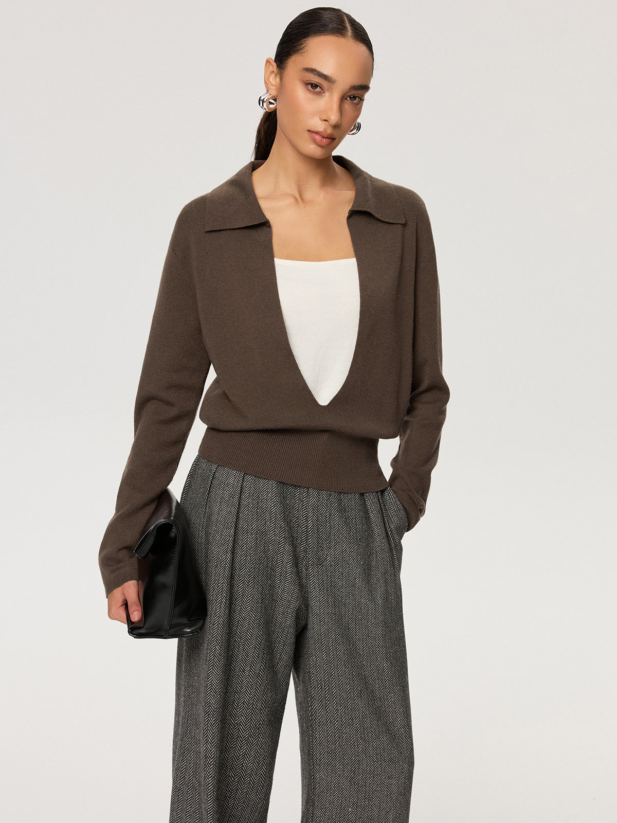 2 in 1 Color-Block Wool Blend Polo Collar Sweater