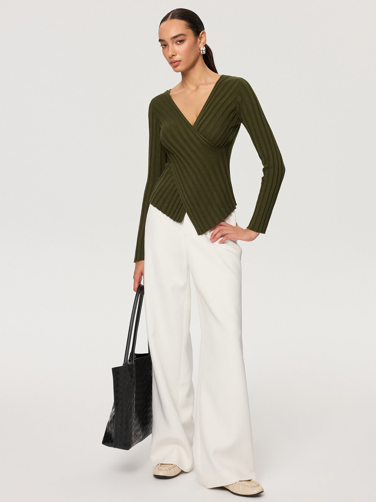 Haut ajusté en maille côtelée à col en V croisé 