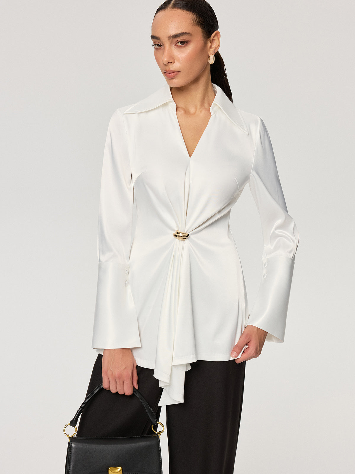 Metal Detail Cinching Satin V-Neck Blouse
