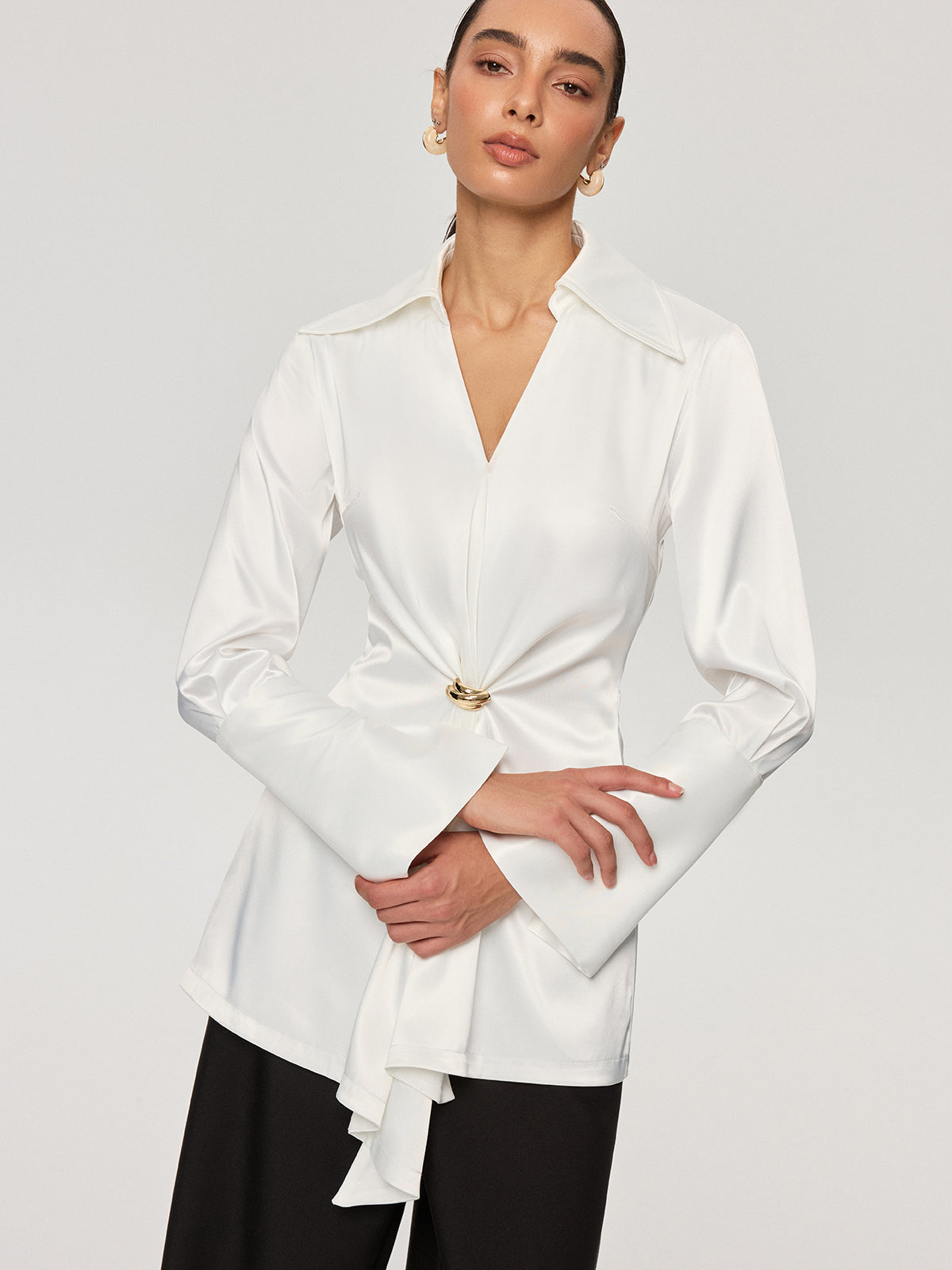 Metal Detail Cinching Satin V-Neck Blouse
