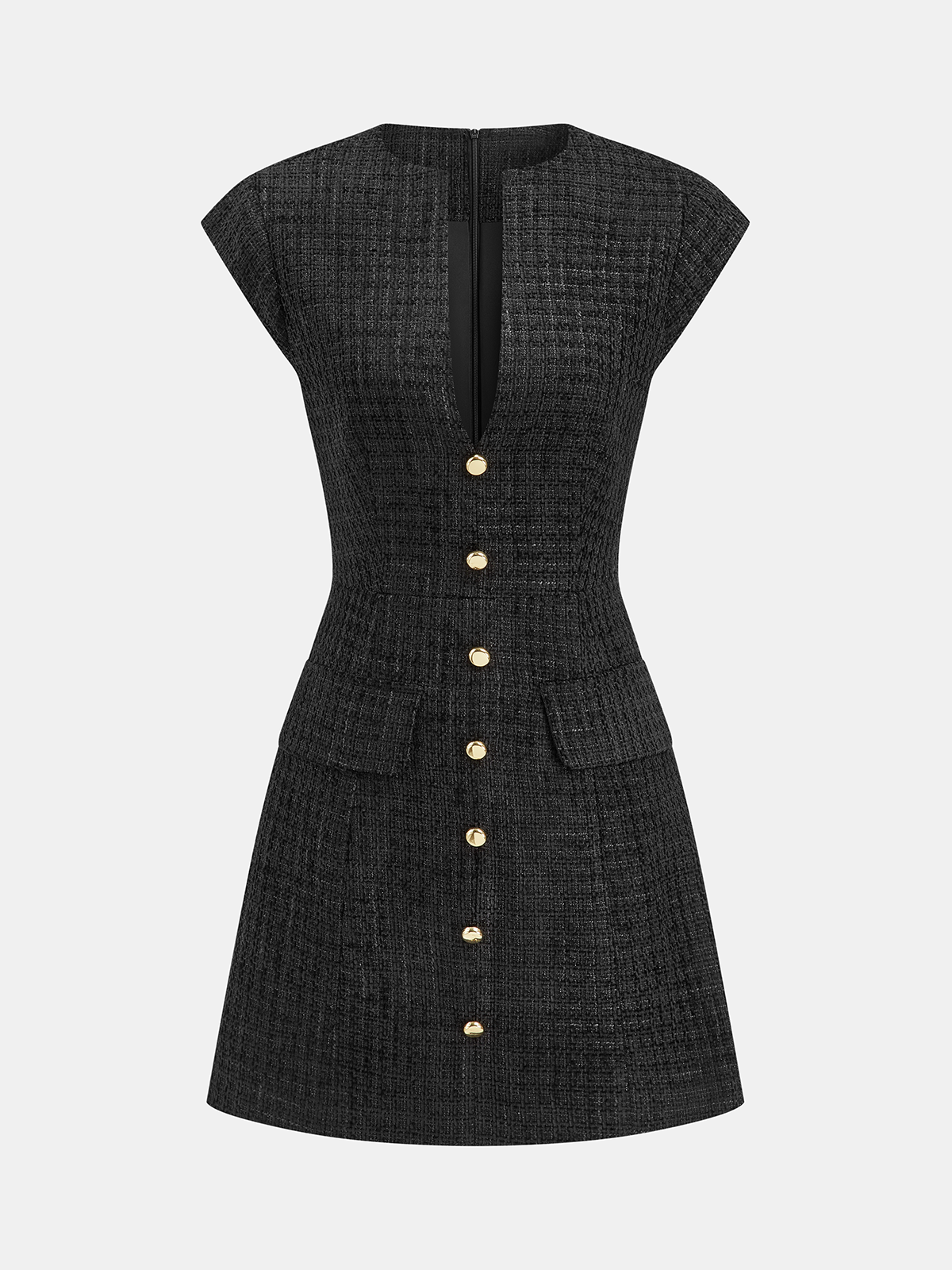Tweed-Minikleid ohne Ärmel mit Metallknöpfen