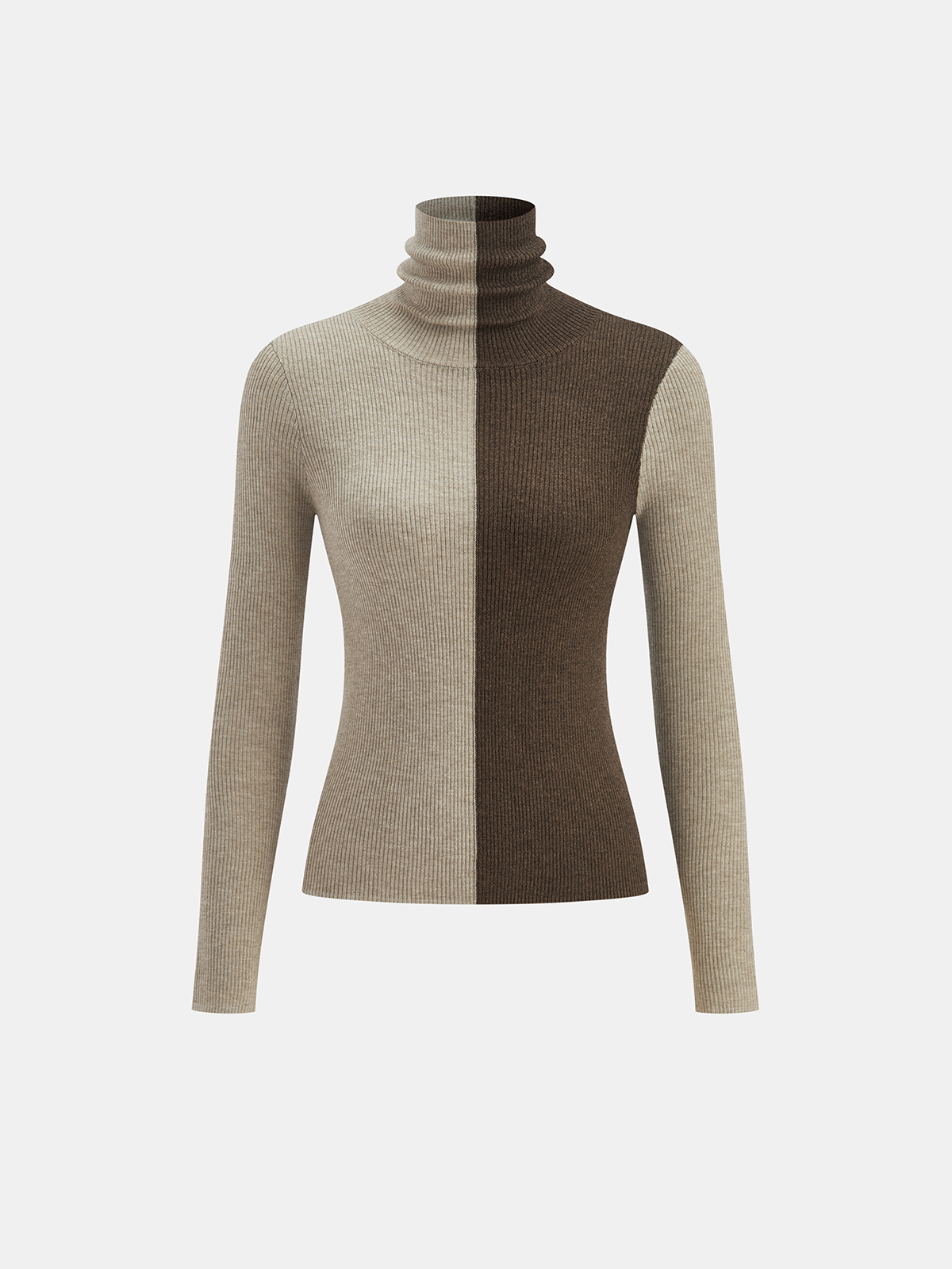 Two-Tone Turtleneck Ribbed Knit Top