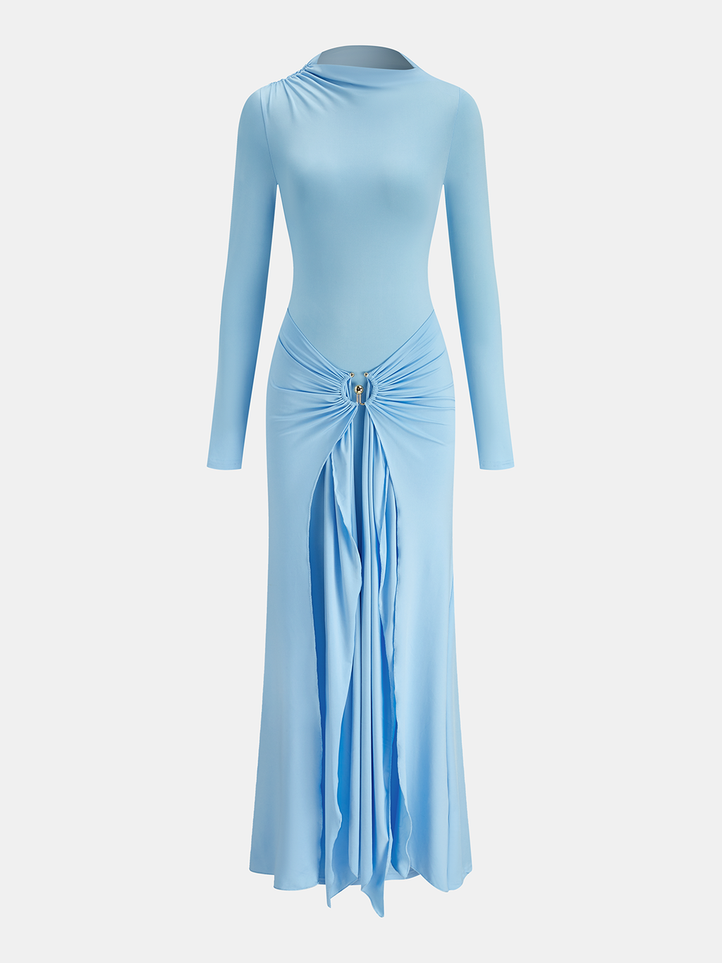 Robe longue à manches longues drapée avec anneau métallique