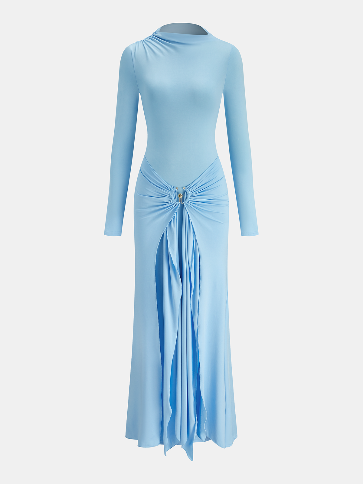 Robe longue drapée à manches longues et anneaux métalliques 