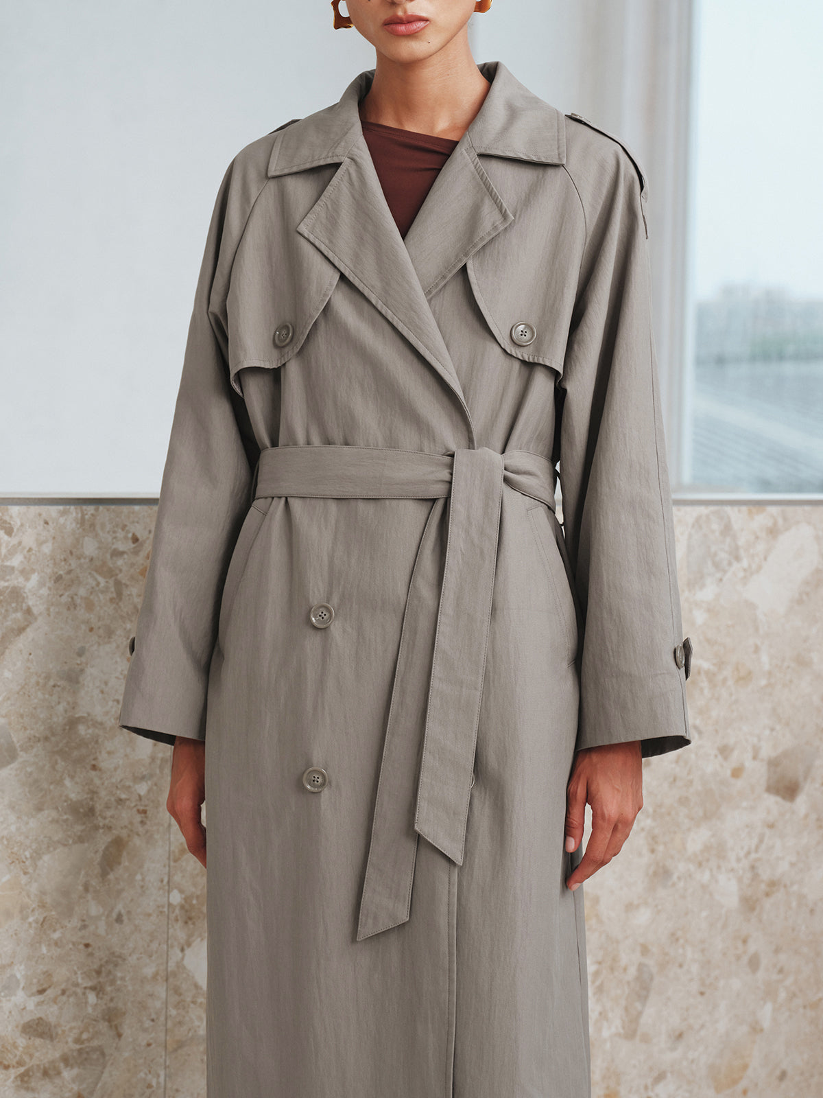 Cotton Oversize Long Trench Coat with Belt